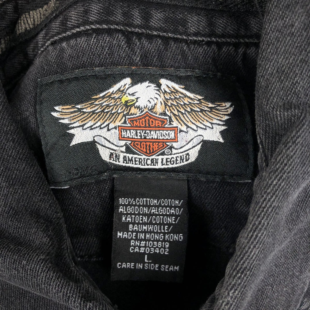 Harley-Davidson Fire Pattern Hidden Button-Down Long-Sleeve Work Shirt, Men's Size L (approx.) cotton black type Vintage Second Hand