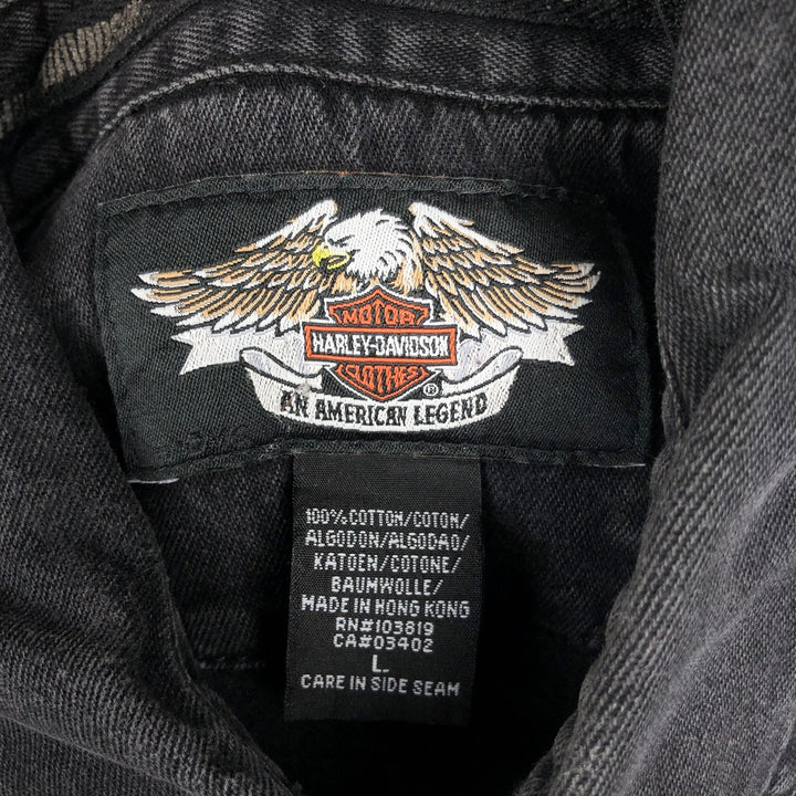 Harley-Davidson Fire Pattern Hidden Button-Down Long-Sleeve Work Shirt, Men's Size L (approx.) cotton black type Vintage Second Hand