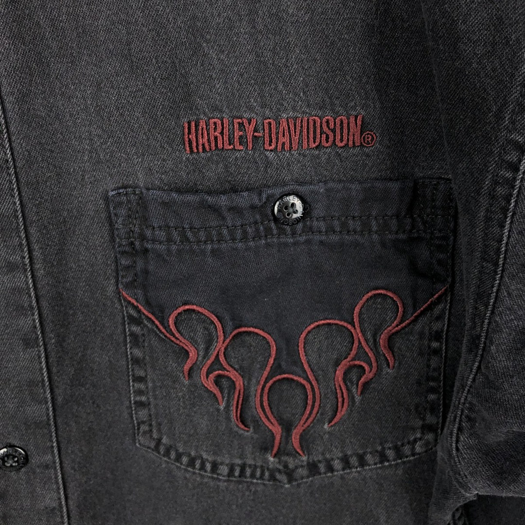 Harley-Davidson Fire Pattern Hidden Button-Down Long-Sleeve Work Shirt, Men's Size L (approx.) cotton black type Vintage Second Hand