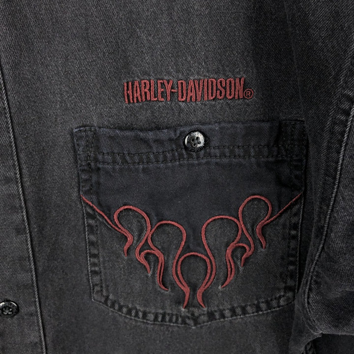 Harley-Davidson Fire Pattern Hidden Button-Down Long-Sleeve Work Shirt, Men's Size L (approx.) cotton black type Vintage Second Hand