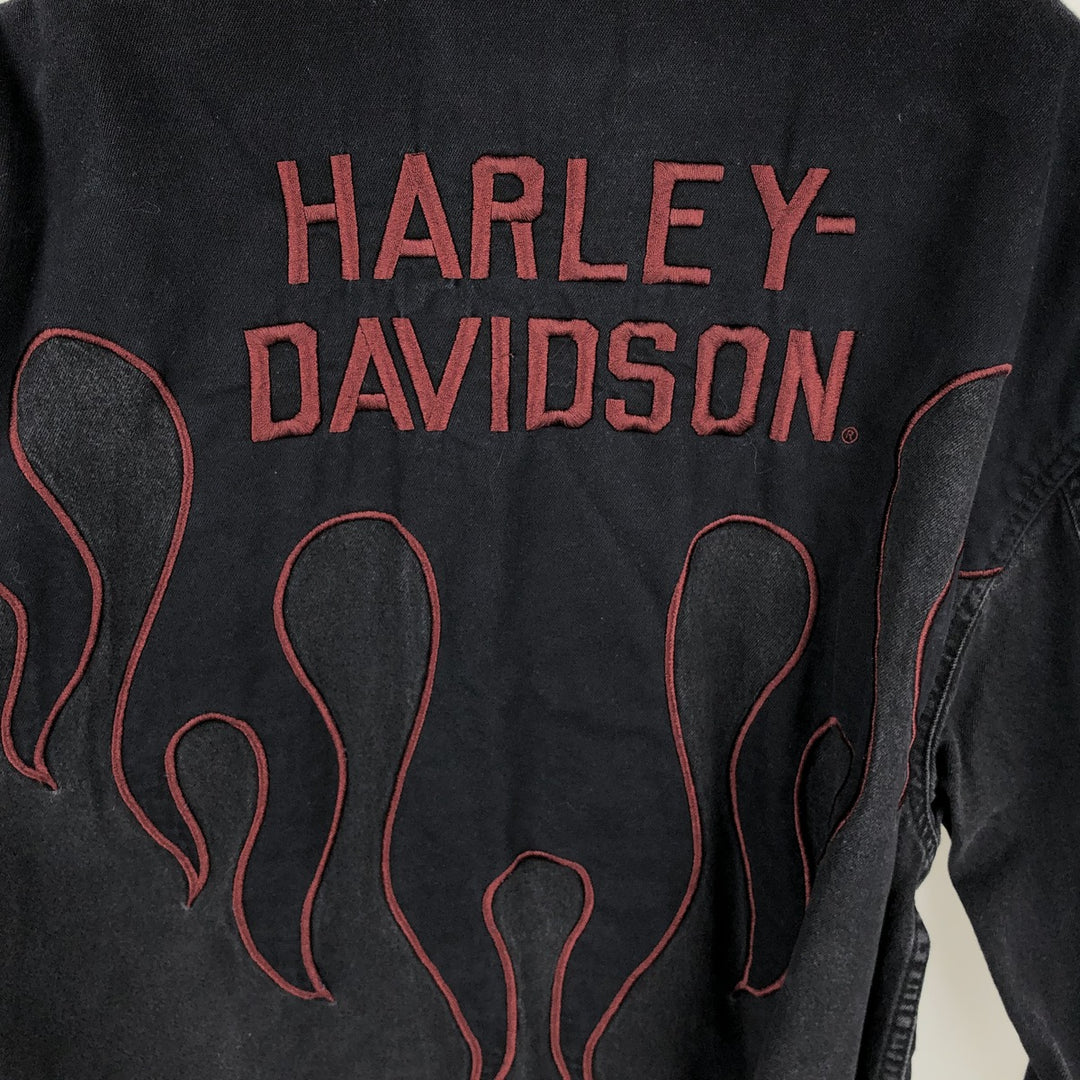 Harley-Davidson Fire Pattern Hidden Button-Down Long-Sleeve Work Shirt, Men's Size L (approx.) cotton black type Vintage Second Hand