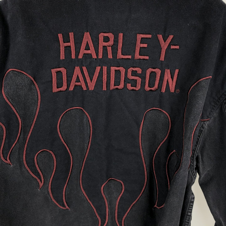 Harley-Davidson Fire Pattern Hidden Button-Down Long-Sleeve Work Shirt, Men's Size L (approx.) cotton black type Vintage Second Hand