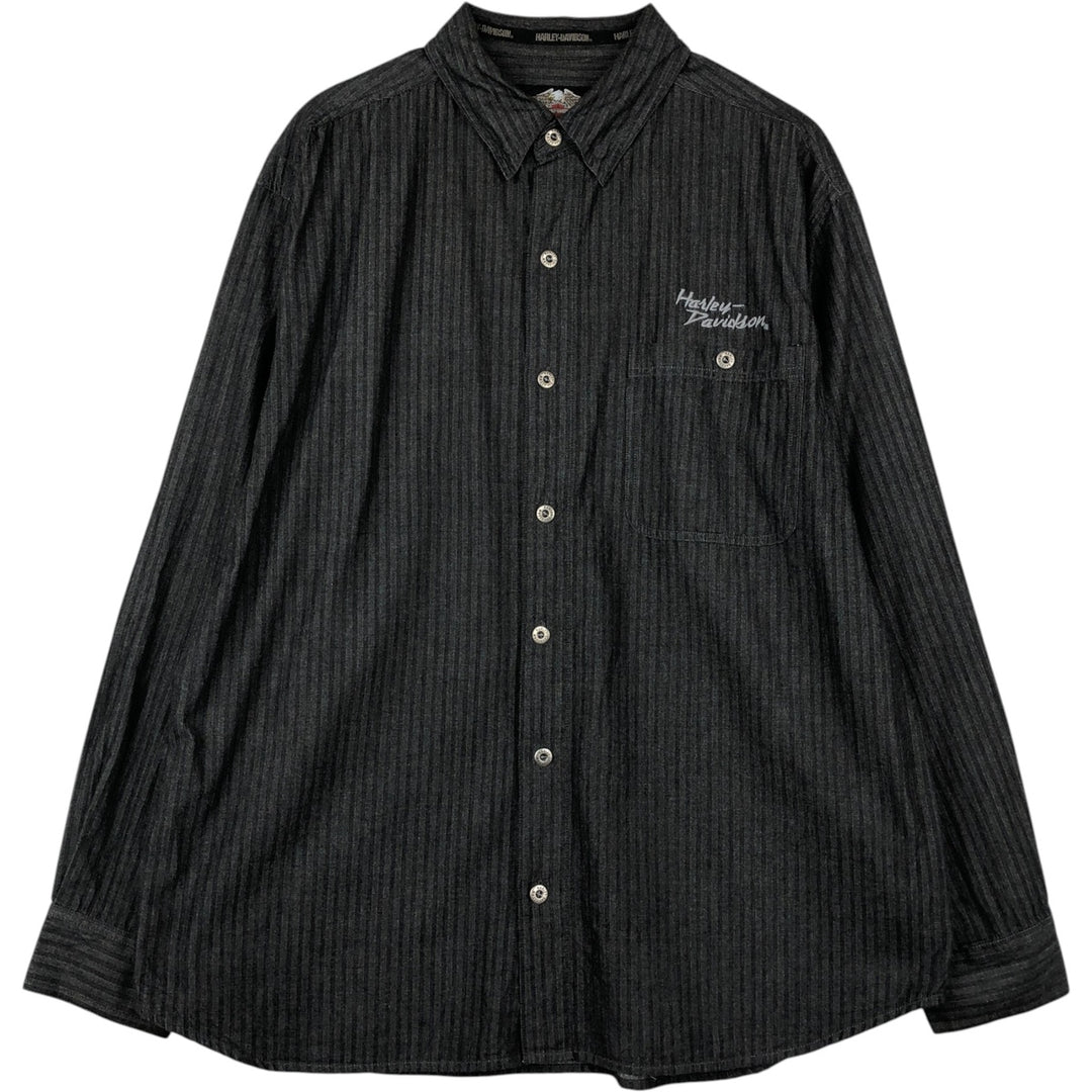 Harley-Davidson Stripe Pattern Long-Sleeve Hidden Button-Down Work Shirt, Men's Size XL (Equivalent), Vintage cotton black type Vintage Second Hand