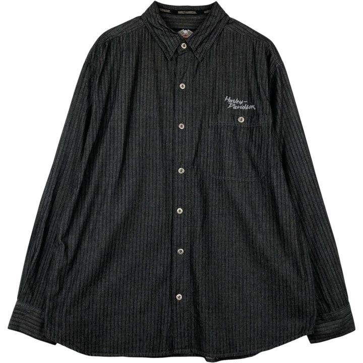 Harley-Davidson Stripe Pattern Long-Sleeve Hidden Button-Down Work Shirt, Men's Size XL (Equivalent), Vintage cotton black type Vintage Second Hand