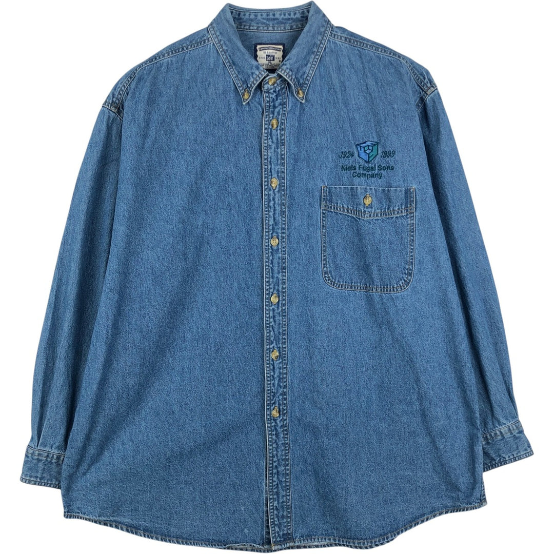 90'S Lee Niels Fugal Sons Company Advertising Long-Sleeve Button-Down Denim Shirt, Men's Size XL (Equivalent), Vintage cotton blue type Vintage Second Hand