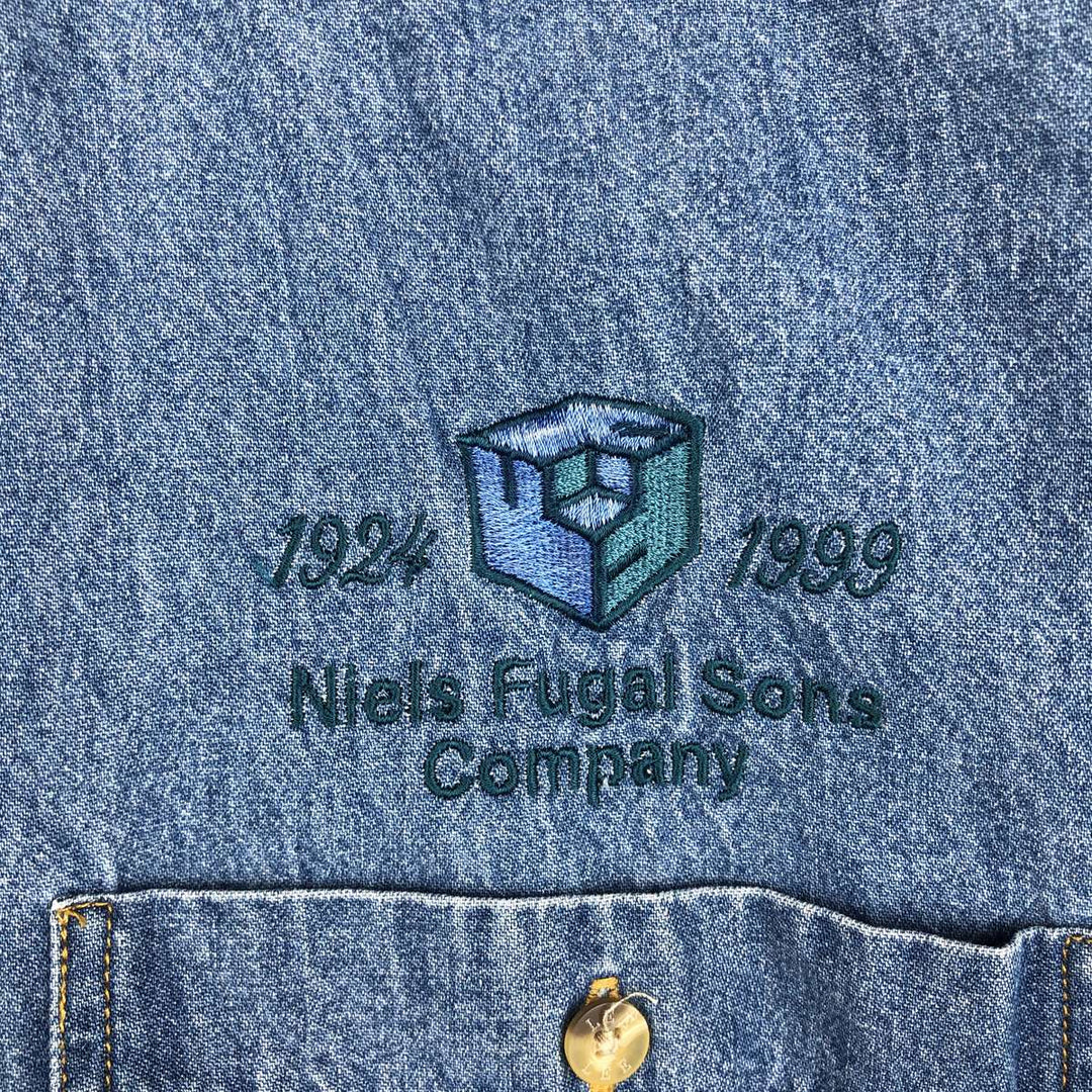 90'S Lee Niels Fugal Sons Company Advertising Long-Sleeve Button-Down Denim Shirt, Men's Size XL (Equivalent), Vintage cotton blue type Vintage Second Hand
