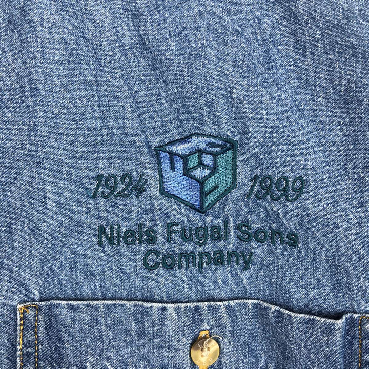 90'S Lee Niels Fugal Sons Company Advertising Long-Sleeve Button-Down Denim Shirt, Men's Size XL (Equivalent), Vintage cotton blue type Vintage Second Hand
