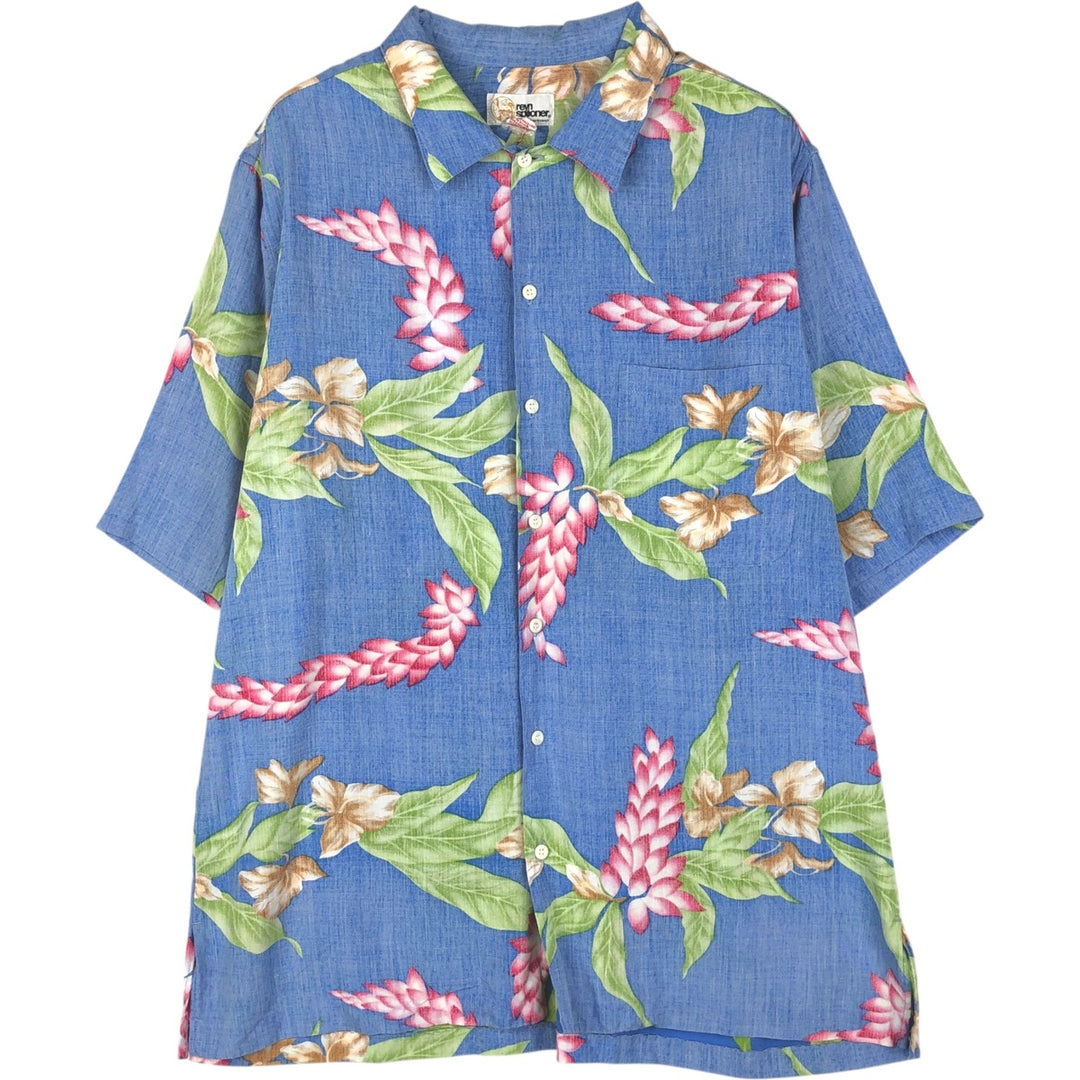 80'S Reyn Spooner Gold Tag Nude Tag Botanical Pattern Rayon Hawaiian Aloha Shirt Box Shirt Men's Size L (approx.) Rayon blue type Vintage Second Hand