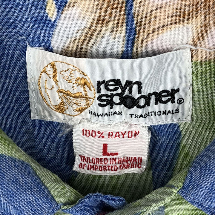 80'S Reyn Spooner Gold Tag Nude Tag Botanical Pattern Rayon Hawaiian Aloha Shirt Box Shirt Men's Size L (approx.) Rayon blue type Vintage Second Hand