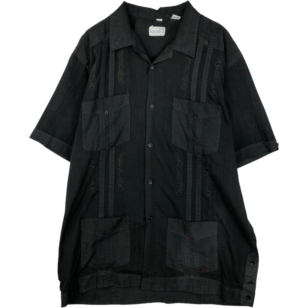 80s-90'S GUAYABERA Short-Sleeve Open-Collar Mexican Shirt / Cuban Shirt / Boxy Shirt / Men's XL Equivalent / Vintage polyester black type Vintage Second Hand