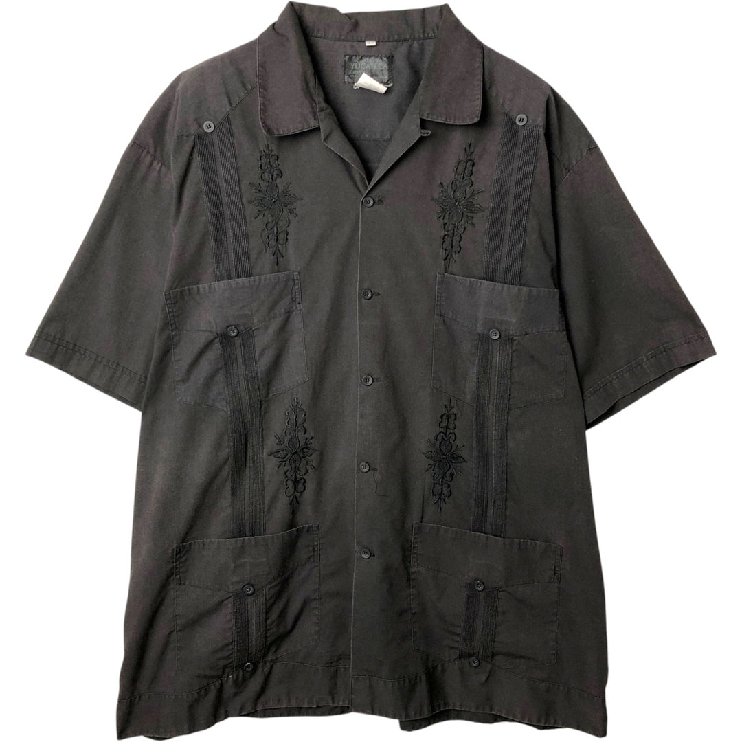 GUAYABERA YUCATECA Short-Sleeve Open-Collar Mexican Shirt, Cuban Shirt, Boxy Shirt, Men's XXL Equivalent cotton black type Vintage Second Hand