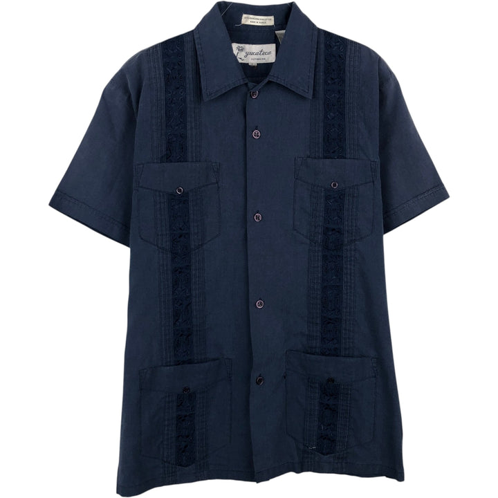 Guayaberas Yucatecas Short-Sleeve Mexican Shirt, Cuban Shirt, Boxy Shirt, Men's Size S polyester navy blue type Vintage Second Hand
