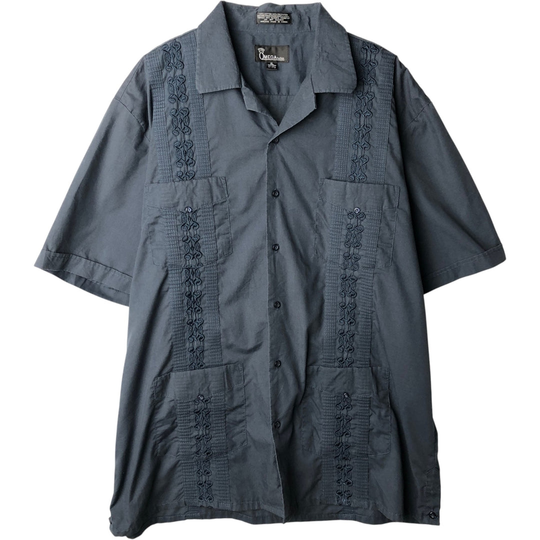 OMEGA fashion Short-sleeved open-collar Mexican shirt, Cuban shirt, boxy shirt, men's size XL. cotton navy blue type Vintage Second Hand