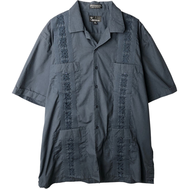 OMEGA fashion Short-sleeved open-collar Mexican shirt, Cuban shirt, boxy shirt, men's size XL. cotton navy blue type Vintage Second Hand
