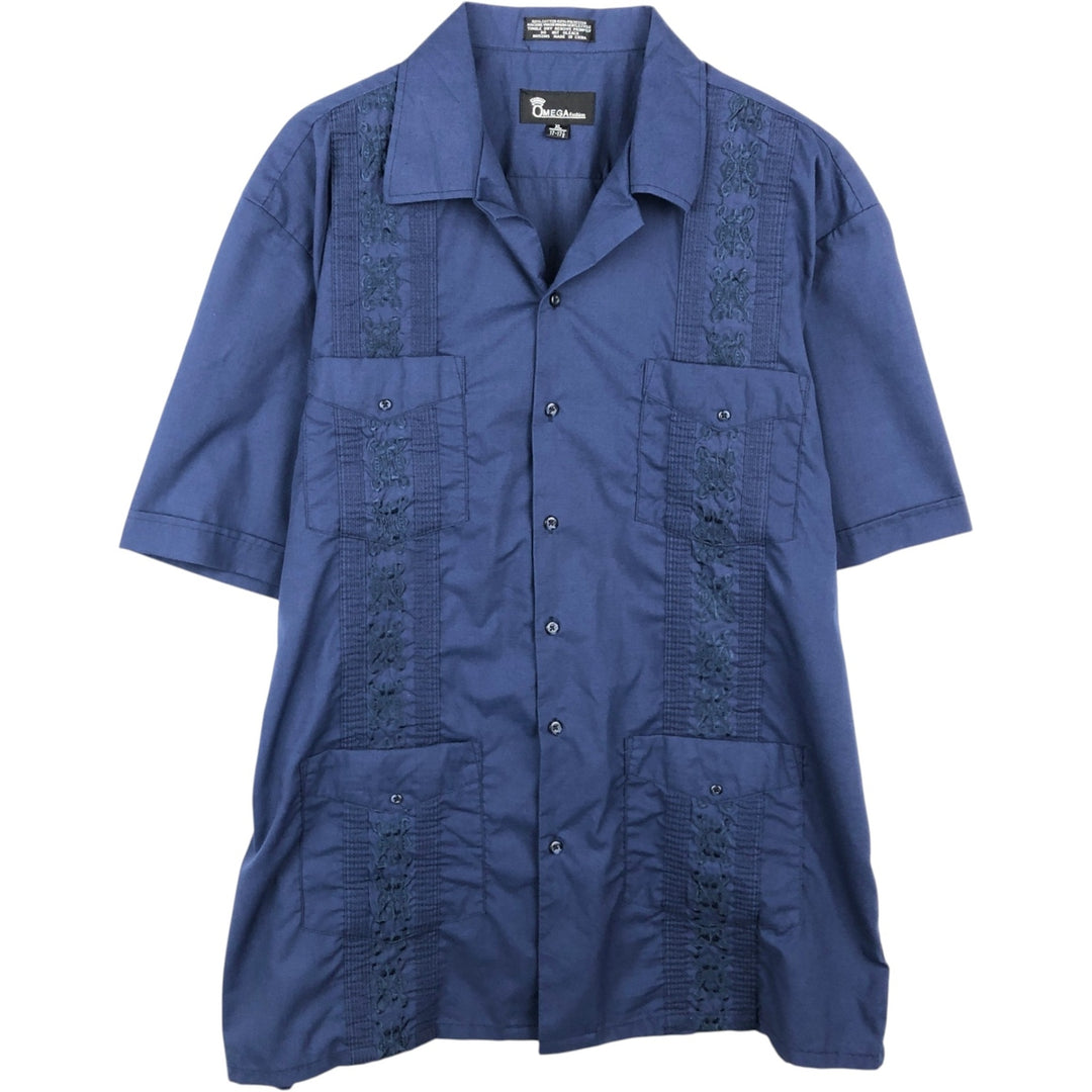 OMEGA fashion Embroidered Short-Sleeve Open-Collar Mexican Shirt Cuban Shirt Men's XL Equivalent Box Shirt cotton blue type Vintage Second Hand