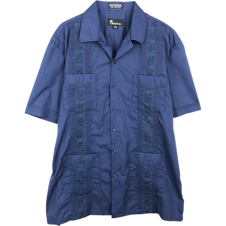 OMEGA fashion Embroidered Short-Sleeve Open-Collar Mexican Shirt Cuban Shirt Men's XL Equivalent Box Shirt cotton blue type Vintage Second Hand
