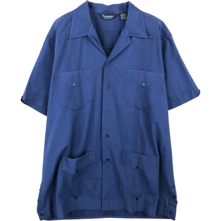 Premier Short Sleeve Open Collar Mexican Shirt Cuban Shirt Box Shirt Men's Size L polyester blue type Vintage Second Hand