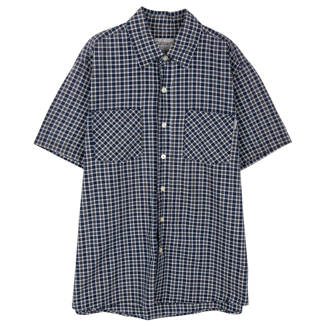 Carhartt Check Pattern Short Sleeve Work Shirt, Men's Size L cotton navy blue type Vintage Second Hand