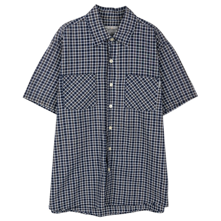 Carhartt Check Pattern Short Sleeve Work Shirt, Men's Size L cotton navy blue type Vintage Second Hand