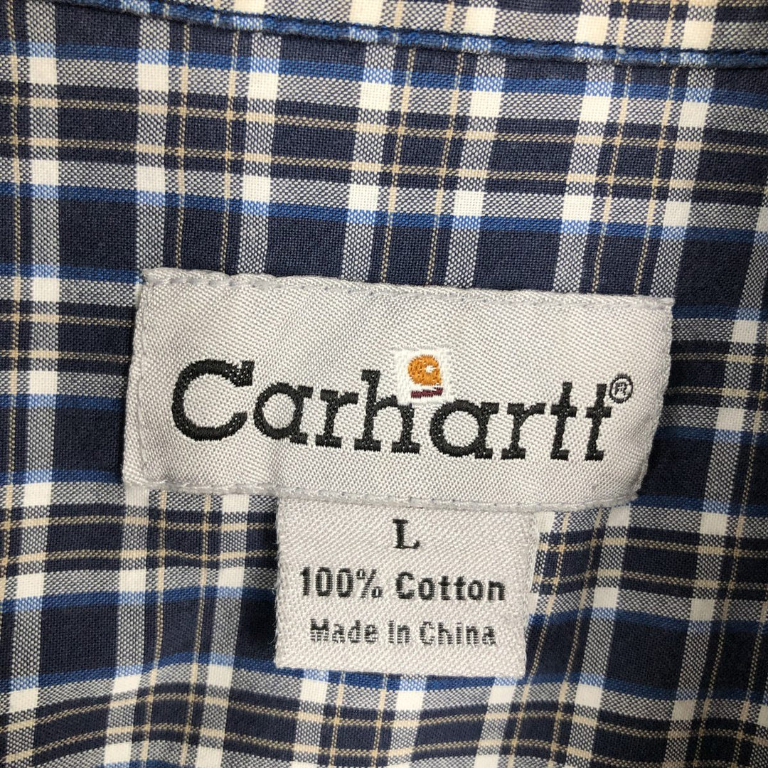 Carhartt Check Pattern Short Sleeve Work Shirt, Men's Size L cotton navy blue type Vintage Second Hand