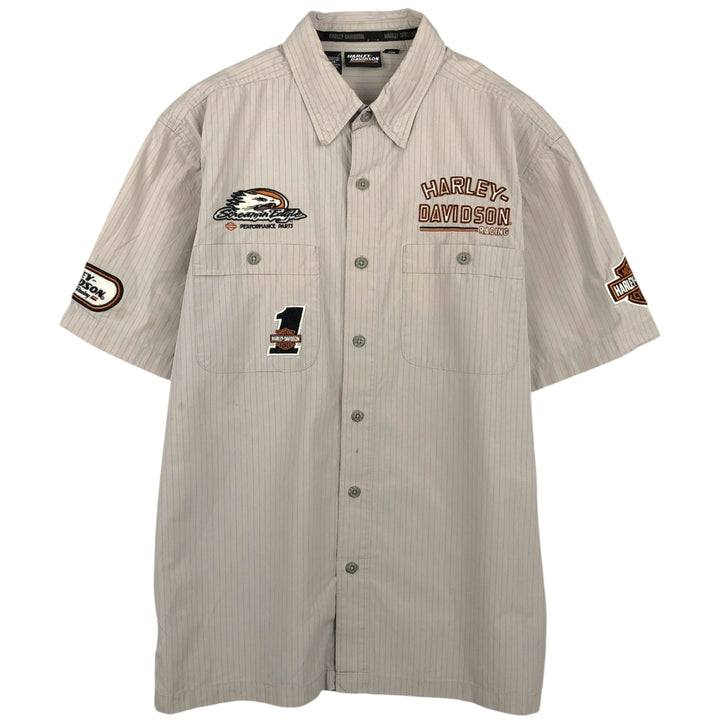 Harley-Davidson Hidden Button-Down Stripe Pattern Eagle Pattern Short-Sleeve Work Shirt Box Shirt Men's Size M (approx.) cotton Khaki type beige Vintage Second Hand