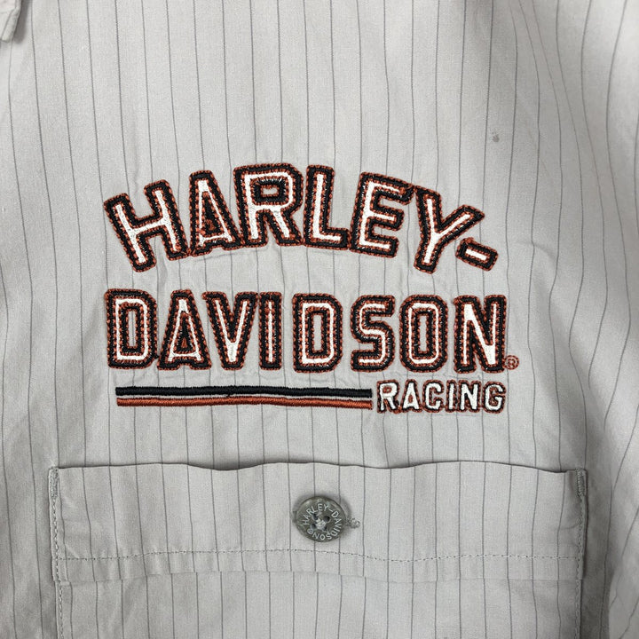 Harley-Davidson Hidden Button-Down Stripe Pattern Eagle Pattern Short-Sleeve Work Shirt Box Shirt Men's Size M (approx.) cotton Khaki type beige Vintage Second Hand