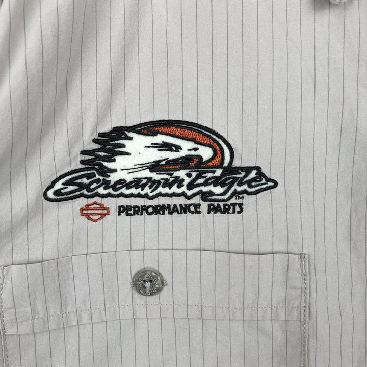 Harley-Davidson Hidden Button-Down Stripe Pattern Eagle Pattern Short-Sleeve Work Shirt Box Shirt Men's Size M (approx.) cotton Khaki type beige Vintage Second Hand