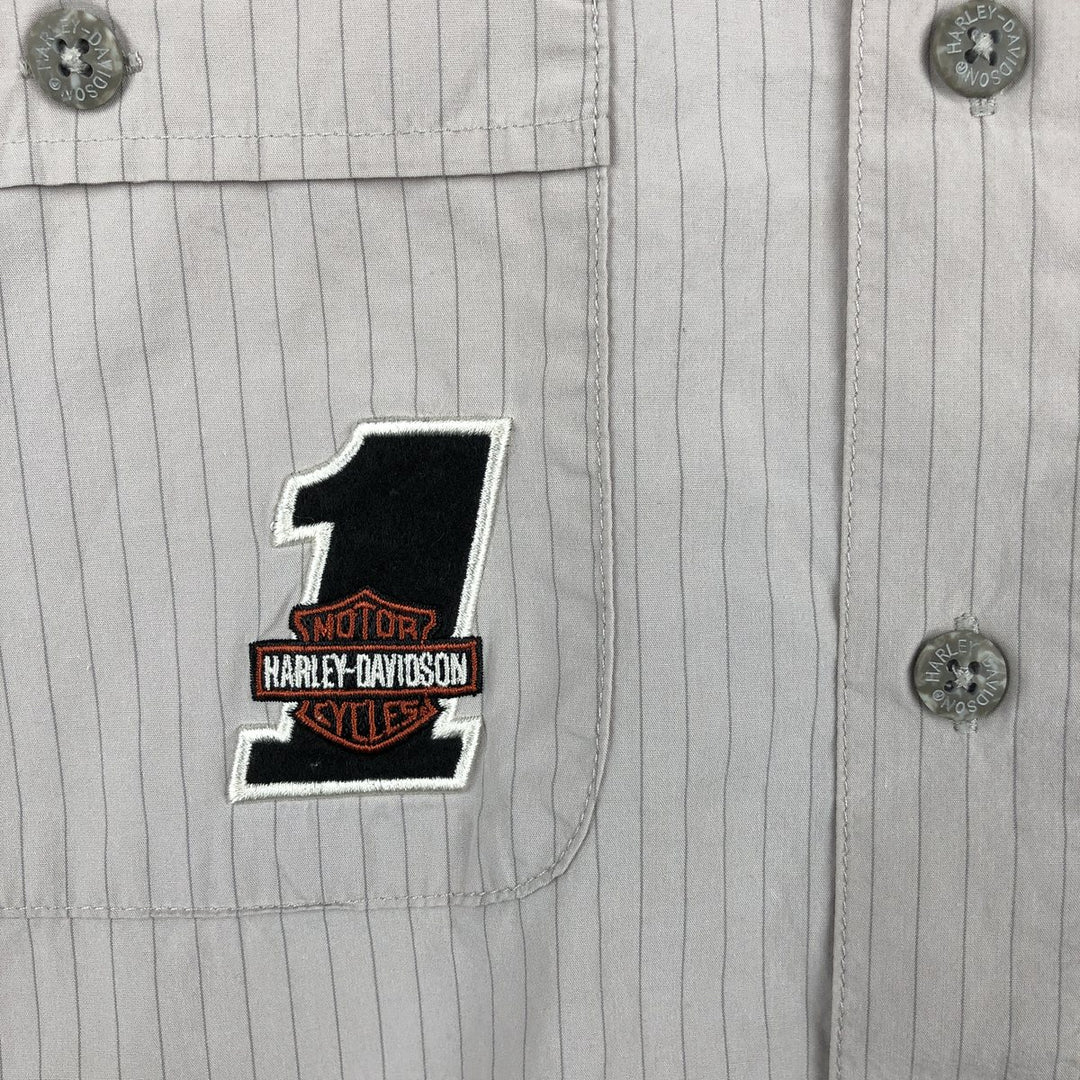 Harley-Davidson Hidden Button-Down Stripe Pattern Eagle Pattern Short-Sleeve Work Shirt Box Shirt Men's Size M (approx.) cotton Khaki type beige Vintage Second Hand