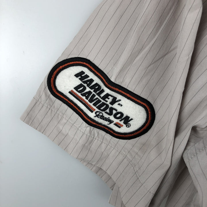 Harley-Davidson Hidden Button-Down Stripe Pattern Eagle Pattern Short-Sleeve Work Shirt Box Shirt Men's Size M (approx.) cotton Khaki type beige Vintage Second Hand