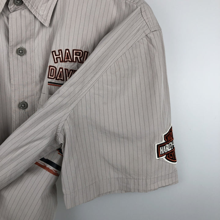 Harley-Davidson Hidden Button-Down Stripe Pattern Eagle Pattern Short-Sleeve Work Shirt Box Shirt Men's Size M (approx.) cotton Khaki type beige Vintage Second Hand