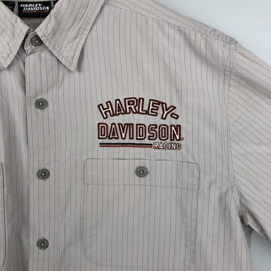 Harley-Davidson Hidden Button-Down Stripe Pattern Eagle Pattern Short-Sleeve Work Shirt Box Shirt Men's Size M (approx.) cotton Khaki type beige Vintage Second Hand