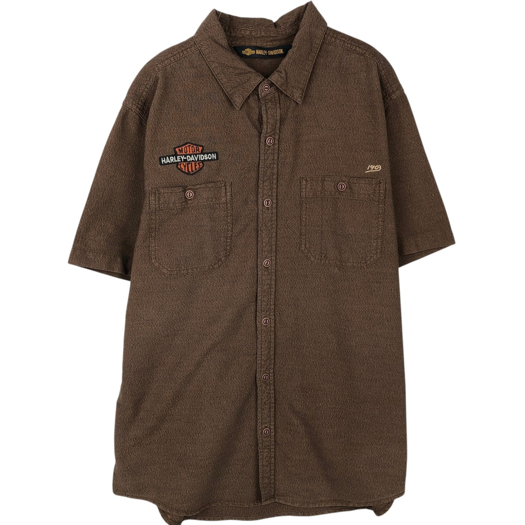Harley-Davidson Skull Pattern Hidden Button-Down Short-Sleeve Work Shirt (Men's Size L) cotton brown type Vintage Second Hand