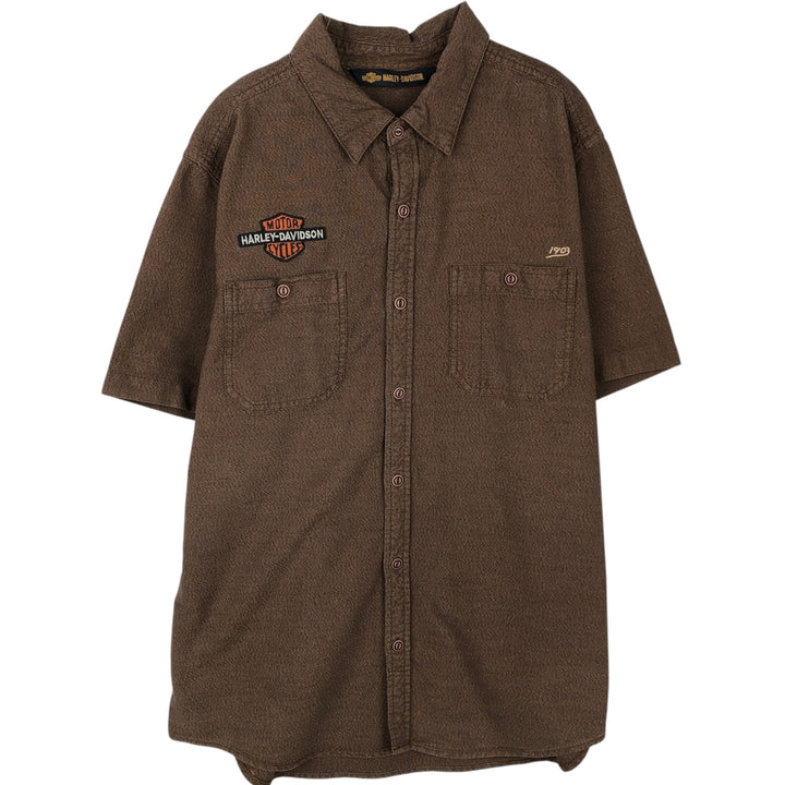 Harley-Davidson Skull Pattern Hidden Button-Down Short-Sleeve Work Shirt (Men's Size L) cotton brown type Vintage Second Hand