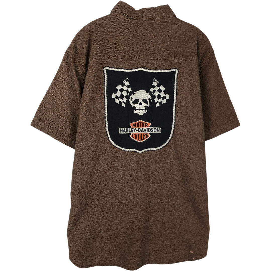 Harley-Davidson Skull Pattern Hidden Button-Down Short-Sleeve Work Shirt (Men's Size L) cotton brown type Vintage Second Hand