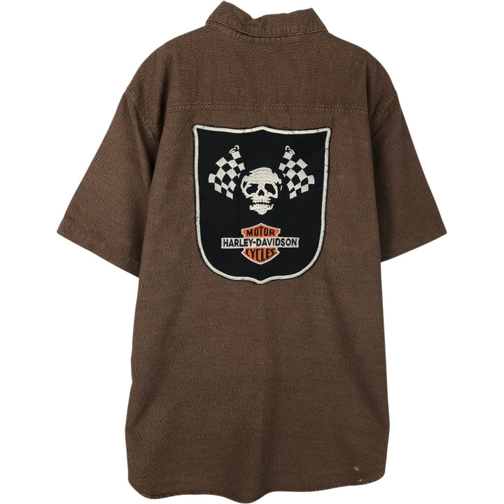 Harley-Davidson Skull Pattern Hidden Button-Down Short-Sleeve Work Shirt (Men's Size L) cotton brown type Vintage Second Hand