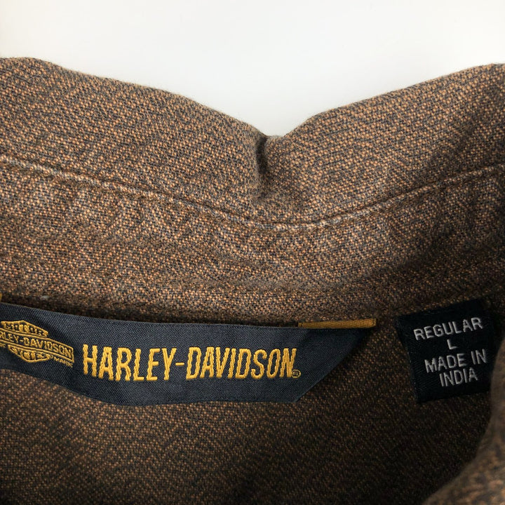 Harley-Davidson Skull Pattern Hidden Button-Down Short-Sleeve Work Shirt (Men's Size L) cotton brown type Vintage Second Hand