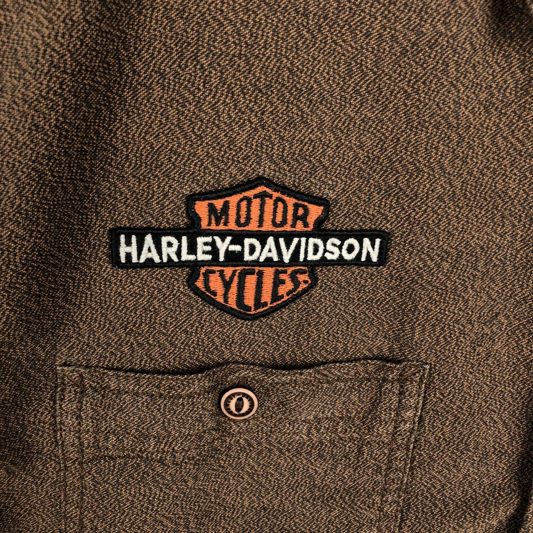 Harley-Davidson Skull Pattern Hidden Button-Down Short-Sleeve Work Shirt (Men's Size L) cotton brown type Vintage Second Hand