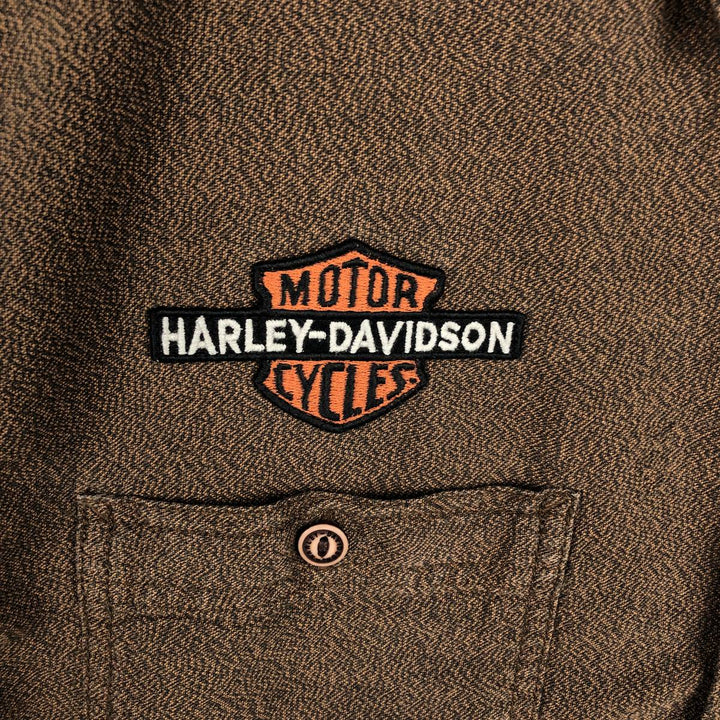 Harley-Davidson Skull Pattern Hidden Button-Down Short-Sleeve Work Shirt (Men's Size L) cotton brown type Vintage Second Hand