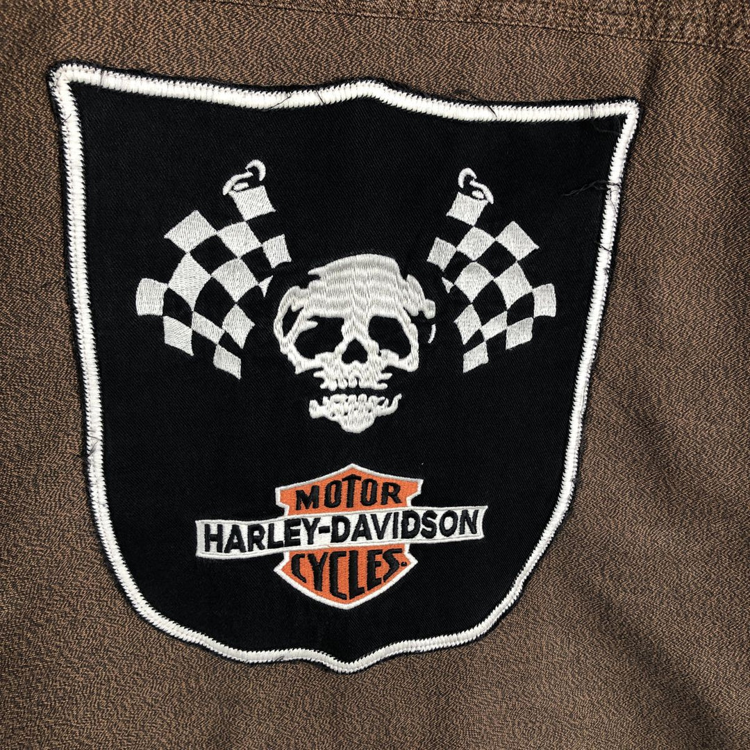 Harley-Davidson Skull Pattern Hidden Button-Down Short-Sleeve Work Shirt (Men's Size L) cotton brown type Vintage Second Hand