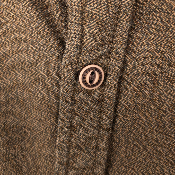Harley-Davidson Skull Pattern Hidden Button-Down Short-Sleeve Work Shirt (Men's Size L) cotton brown type Vintage Second Hand