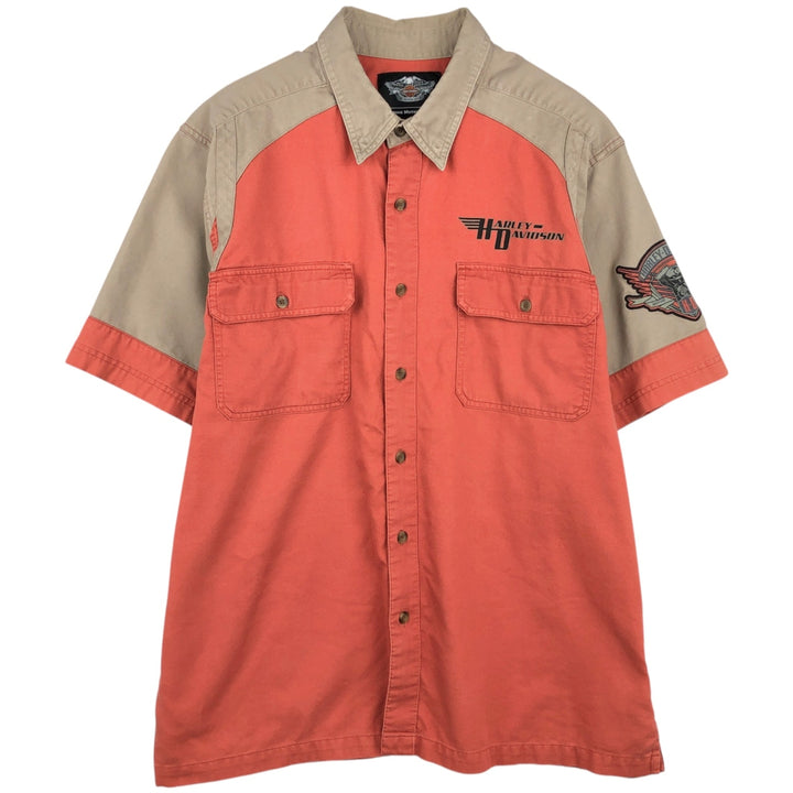 Harley-Davidson Back Logo Hidden Button-Down Short-Sleeve Work Shirt, Men's Size XL (Equivalent), Boxy Shirt cotton orange type Vintage Second Hand