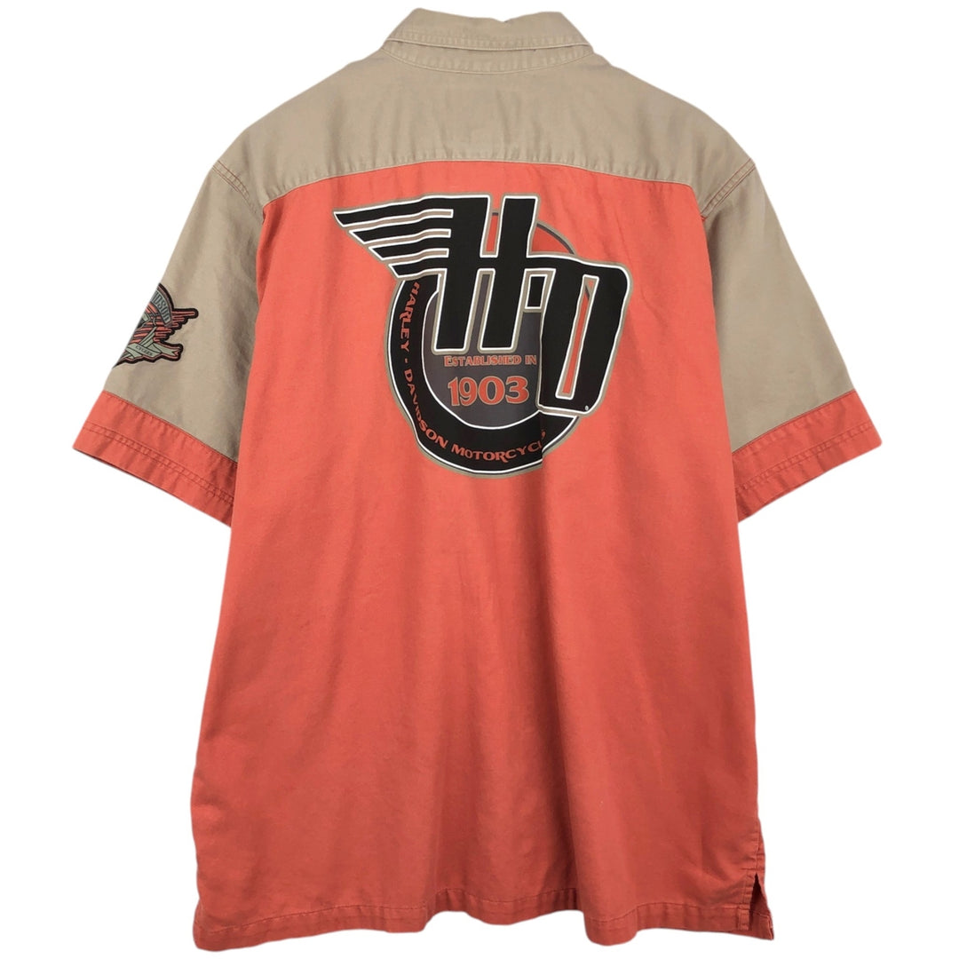 Harley-Davidson Back Logo Hidden Button-Down Short-Sleeve Work Shirt, Men's Size XL (Equivalent), Boxy Shirt cotton orange type Vintage Second Hand