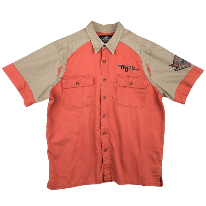 Harley-Davidson Back Logo Hidden Button-Down Short-Sleeve Work Shirt, Men's Size XL (Equivalent), Boxy Shirt cotton orange type Vintage Second Hand