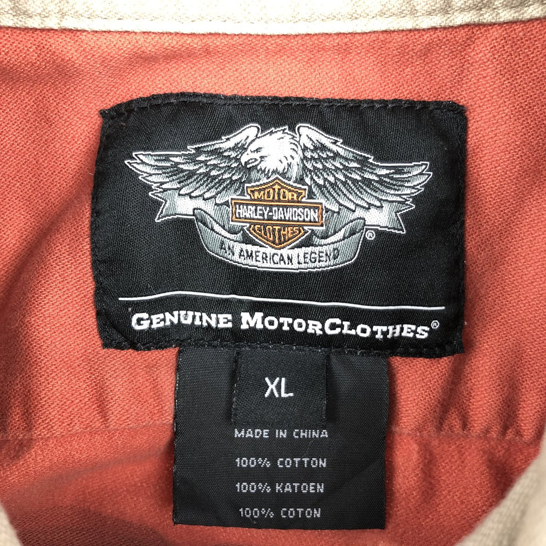 Harley-Davidson Back Logo Hidden Button-Down Short-Sleeve Work Shirt, Men's Size XL (Equivalent), Boxy Shirt cotton orange type Vintage Second Hand