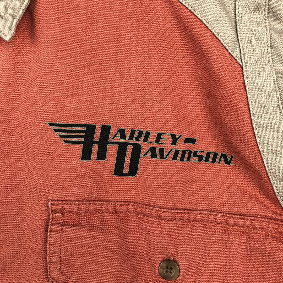 Harley-Davidson Back Logo Hidden Button-Down Short-Sleeve Work Shirt, Men's Size XL (Equivalent), Boxy Shirt cotton orange type Vintage Second Hand