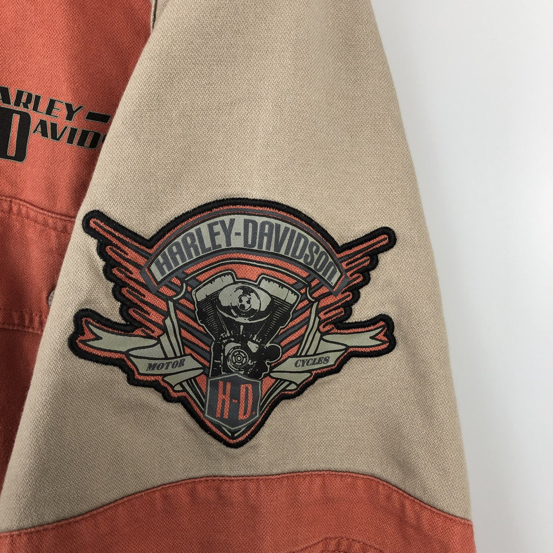 Harley-Davidson Back Logo Hidden Button-Down Short-Sleeve Work Shirt, Men's Size XL (Equivalent), Boxy Shirt cotton orange type Vintage Second Hand