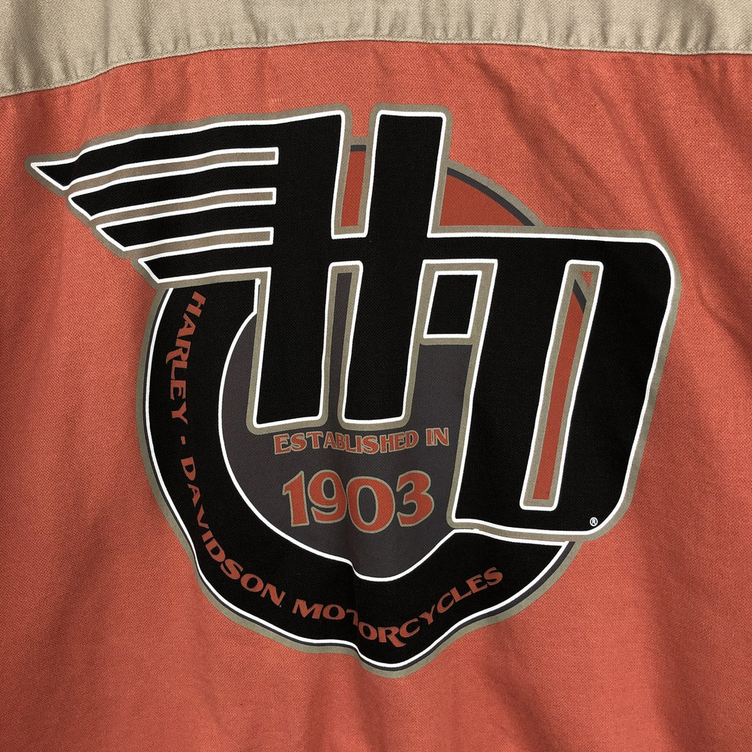 Harley-Davidson Back Logo Hidden Button-Down Short-Sleeve Work Shirt, Men's Size XL (Equivalent), Boxy Shirt cotton orange type Vintage Second Hand