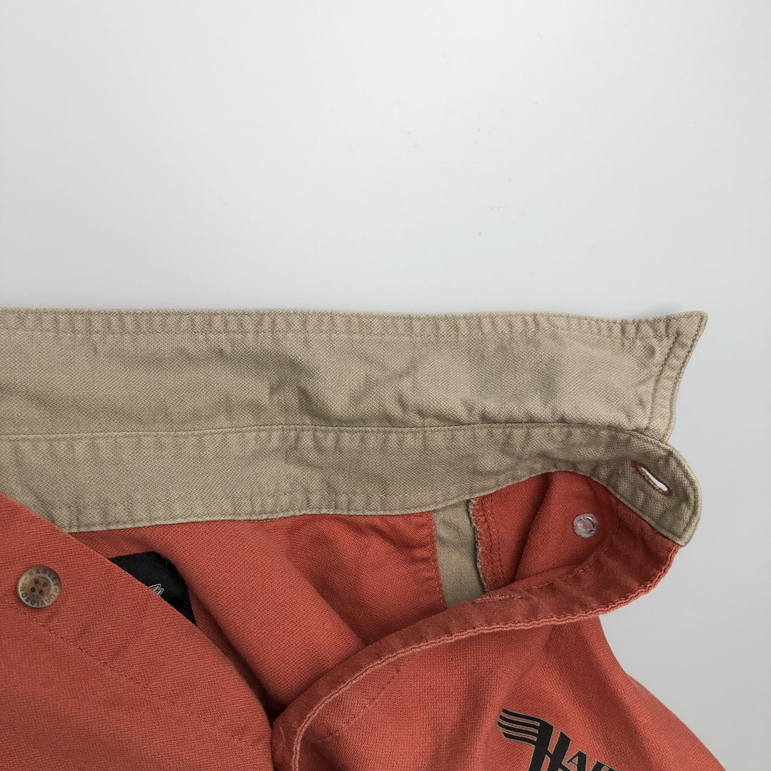 Harley-Davidson Back Logo Hidden Button-Down Short-Sleeve Work Shirt, Men's Size XL (Equivalent), Boxy Shirt cotton orange type Vintage Second Hand