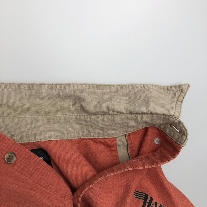 Harley-Davidson Back Logo Hidden Button-Down Short-Sleeve Work Shirt, Men's Size XL (Equivalent), Boxy Shirt cotton orange type Vintage Second Hand