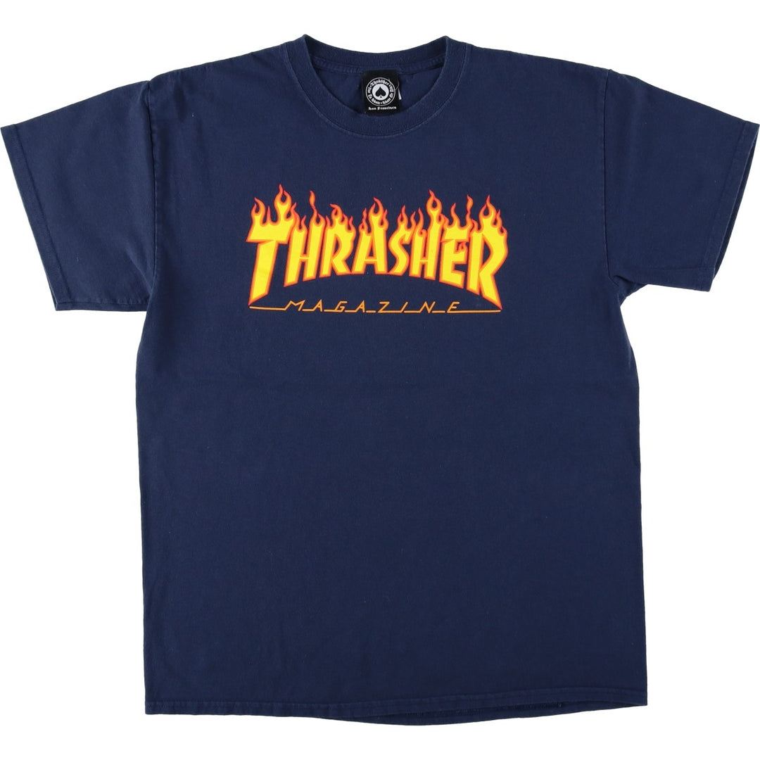 Thrasher Fire Pattern Logo Print T-Shirt, Men's Size L (approx.) cotton navy blue type Vintage Second Hand